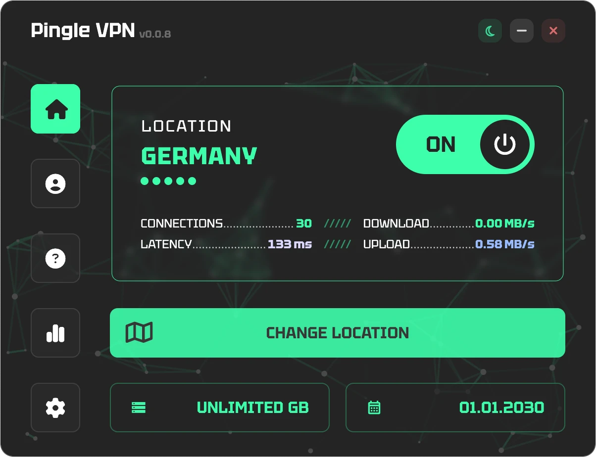 Pingle VPN desktop application - dark theme