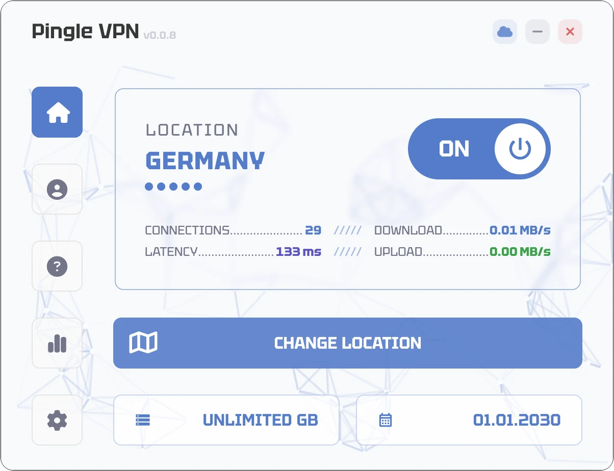 Pingle VPN desktop application - light theme